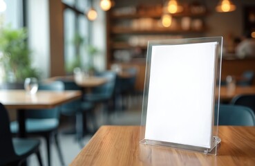 Blank label menu frame on wooden table in bar restaurant. Stand for booklets with white paper sheet. Acrylic tent card on cafeteria blurred background mock up.