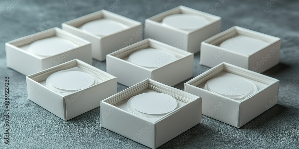 Poster multiple white boxes with circular lids arranged on a textured surface creating a minimalist aesthet