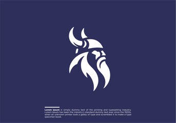 Viking logo design. Nordic warrior symbol. Horned Norseman emblem. Barbarian man head icon with horn helmet and beard. Brand identity vector illustration.