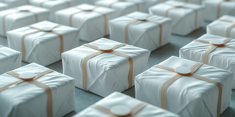 Fototapeta premium Rows of neatly wrapped packages ready for distribution during a holiday season event at a local community center