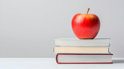 A vibrant red apple sits atop a stack of colorful books, creating a visually appealing composition that represents education, knowledge, and a healthy lifestyle in a minimalist set