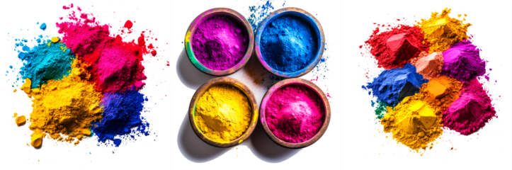 Holi. Colorful powder (Gulal) in vibrant colors on a transparent background, PNG