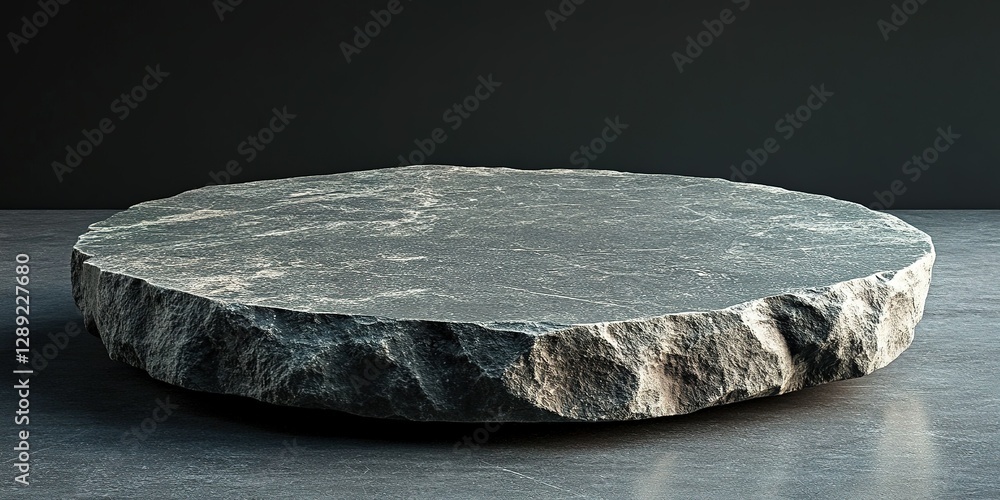Poster smooth circular stone slab on a dark countertop with textured edges under soft lighting