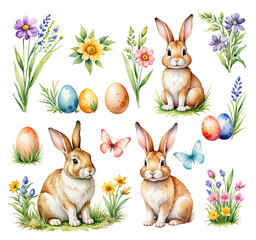 Set of watercolor cute Easter rabbits and design elements flowers. Easter bunny, eggs and flowers. Vector illustration.