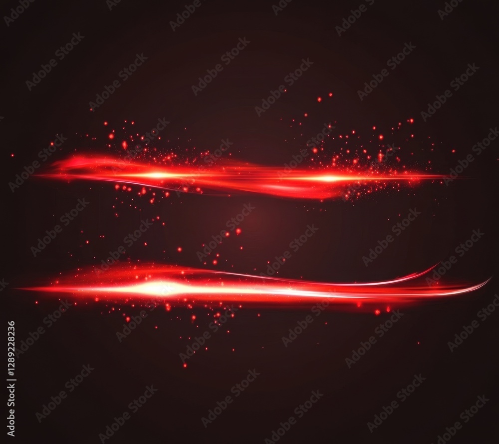 Poster Red glowing light effect vector set on a dark background, with lines and glow for design elements, red lines and sparks with bokeh, and a speed motion trail.