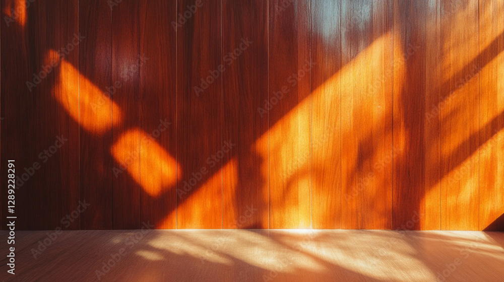 Poster warm textured teak background with natural light shadows for design