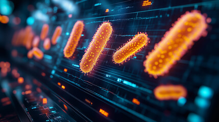Visualization of bacteria with digital elements amid a high-tech background showing advancements in microbiology research