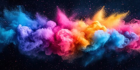 Fototapeta premium Colorful explosion of powder creates striking visual effect against dark background at night