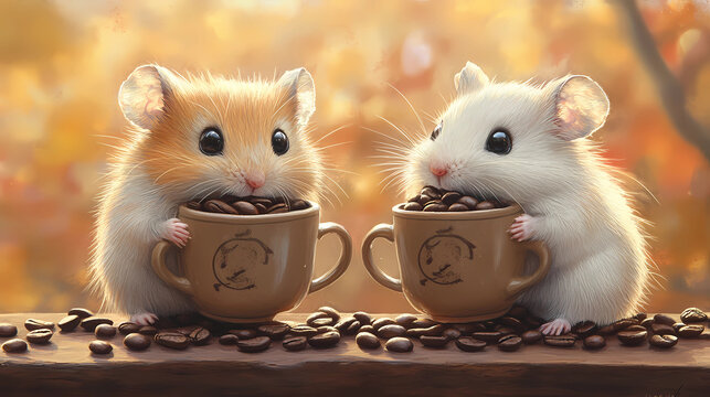 Two hamsters munching on coffee beans