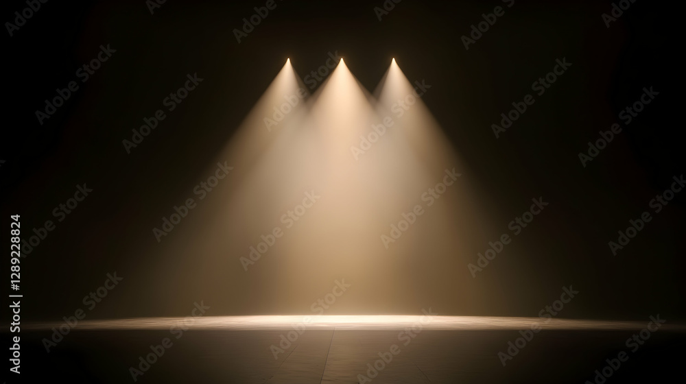 Poster a minimalist stage featuring three narrow beams of light shining onto a dark surface, creating an at