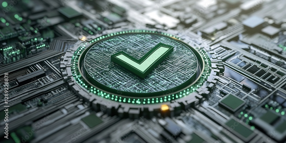 Poster digital circuit board with green check mark symbol demonstrating successful verification process in 