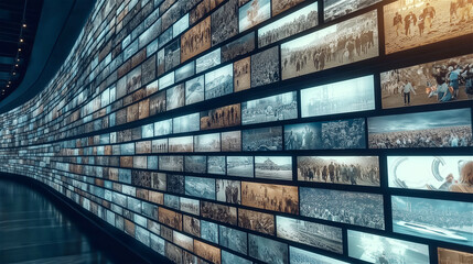 A wall of digital images, stacked in rows, creating a visual effect of a vast digital library, with various landscape and urban scenes, providing a modern aesthetic.
