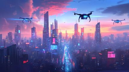 Fototapeta premium Futuristic skyline of an ai-powered smart city with drones and glowing data streams under a vibrant blue sky. AI-Powered Cityscape. Illustration