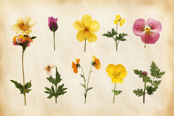 A botanical Herbarium illustration featuring Cowslip, Pasque Flower, Pheasant Eye, Evening Primrose, Buttercup and Wild Geranium, isolated on an old paper background, with soft pastel muted colors
