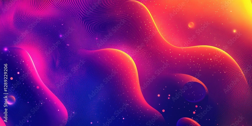 Poster abstract vibrant wave patterns with colorful gradients and luminous dots in a digital design setting