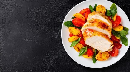 Grilled chicken breast with roasted vegetables kitchen food photography dark background close-up culinary delight