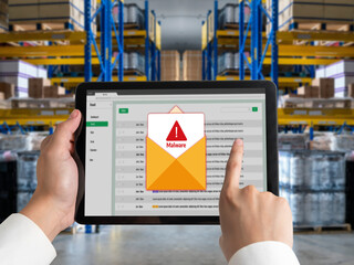 Cyber attacking concept. Malware alert showing on computer screen display scam and threat detection on computer system or online server to be removed snugly.