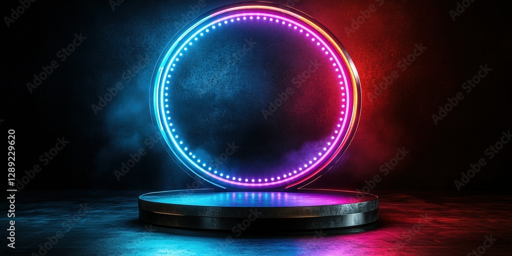 Poster neon circular stage with glowing lights in a dark setting designed for concert or performance events