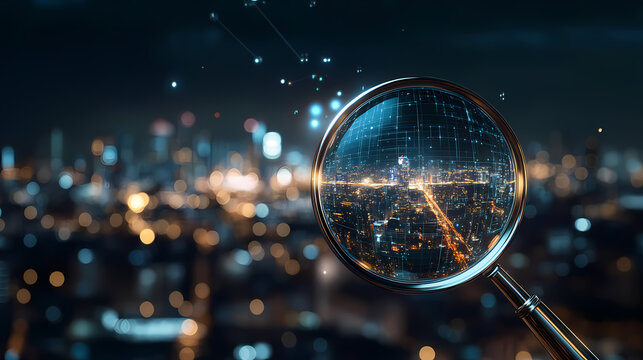 Magnifying glass hovering over cityscape night is lit ai-powered image recognition technology. AI-Powered Cityscape. Illustration