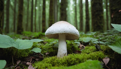 A solitary mushroom rises amidst the lush greenery of a dense forest, showcasing nature's intricate beauty.
