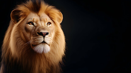 Fototapeta premium A majestic lion gazes regally into the distance, showcasing its powerful mane and intense gaze. This portrait captures the essence of wildlife and the beauty of nature's king.