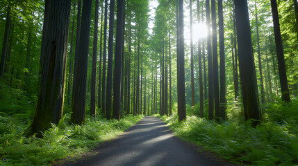 Fototapeta premium A serene pathway winds through a lush forest filled with tall trees