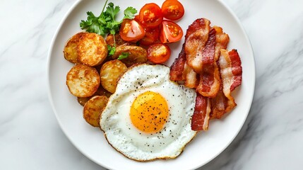 A gourmet English breakfast served on a fine china plate, featuring golden hash browns, crispy bacon, and a perfectly poached egg, set on a white marble background