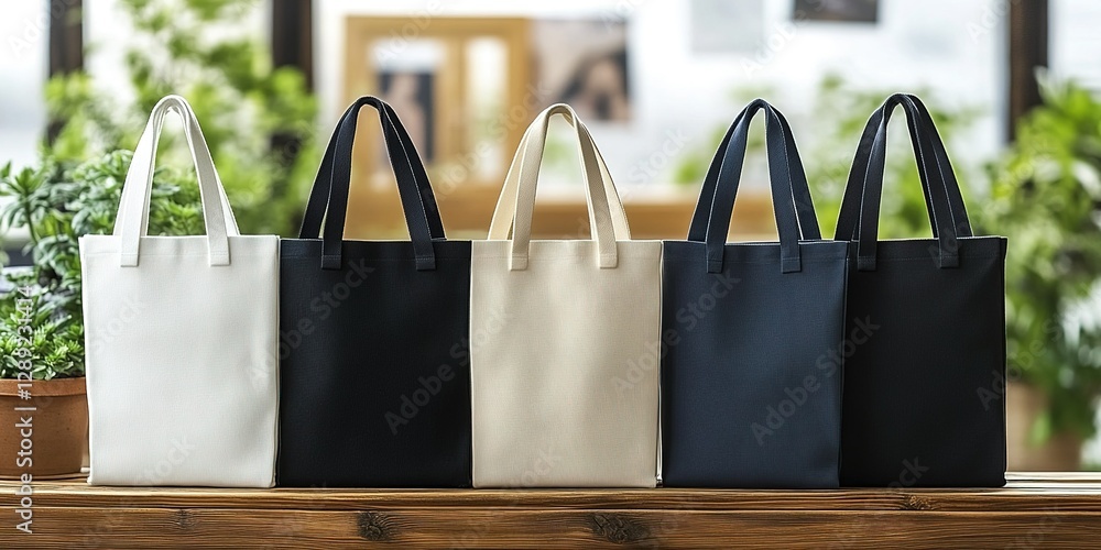 Poster five stylish tote bags arranged in a row display a modern and chic design suitable for various occas
