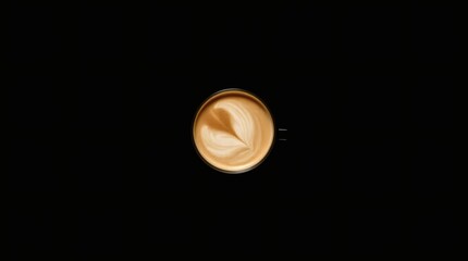 Minimalist top view of a cappuccino cup with latte art on a black surface