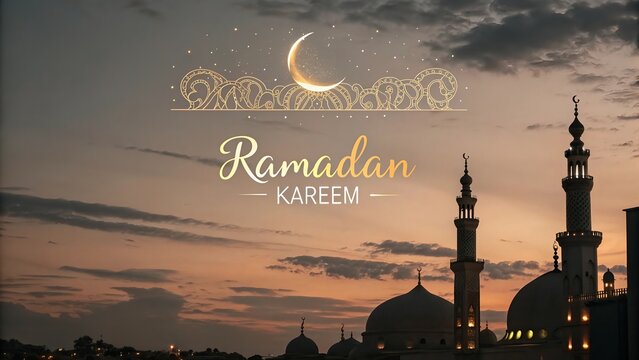 Ramadan Kareem Greetings Decorative Festival Card with Mosque Views &ndash; A Peaceful, Elegant Background Celebrating the Holy Month with Warmth and Spiritual Blessings