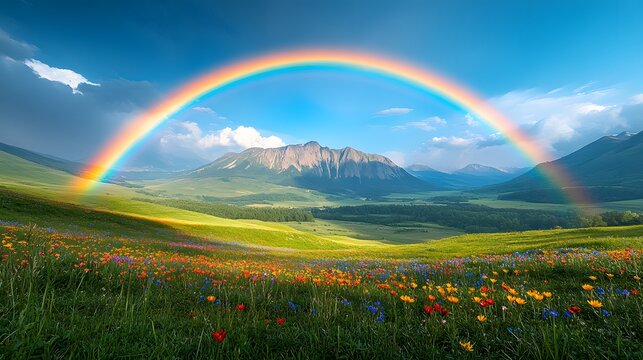 A Breathtaking View of a Rainbow Illuminating a Serene Green Valley with Blooming Wildflowers and Distant Majestic Mountains