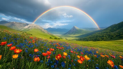A Breathtaking View of a Rainbow Illuminating a Serene Green Valley with Blooming Wildflowers and Distant Majestic Mountains