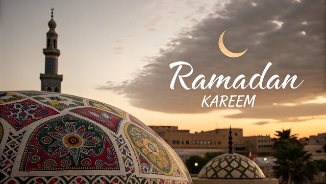 Ramadan Kareem Greetings Decorative Festival Card with Mosque Dome &ndash; A Peaceful, Elegant Background Celebrating the Holy Month with Warmth and Spiritual Blessings