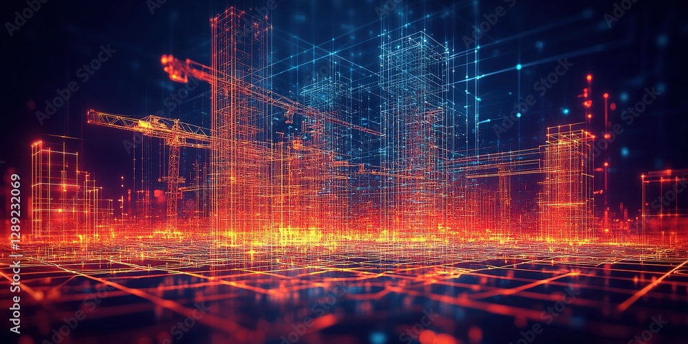 Poster modern urban skyline under construction with glowing digital lines and grids representing technology
