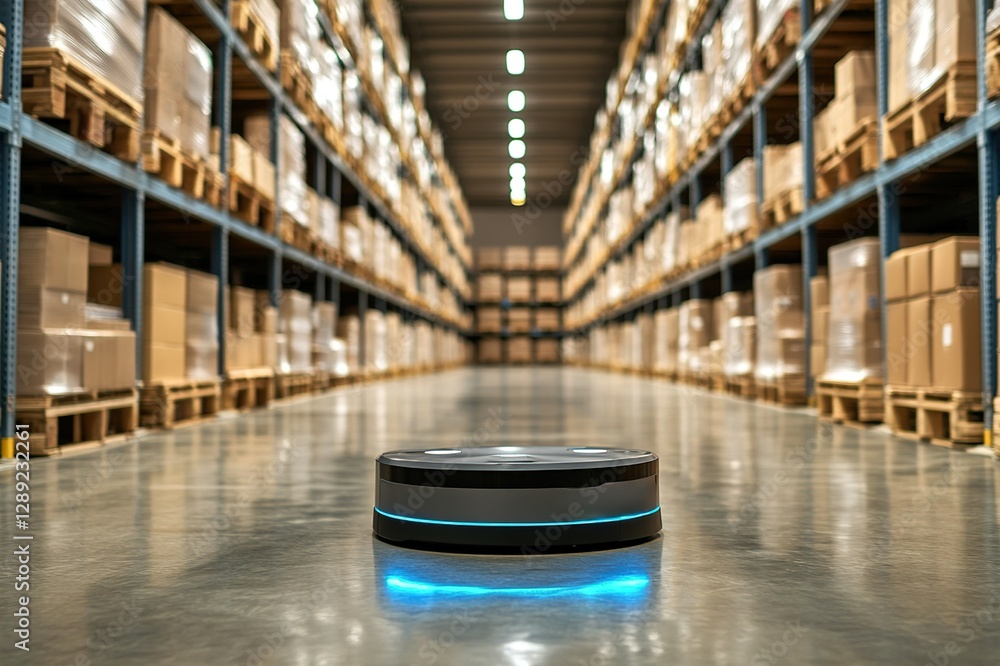 Poster delivery robot navigating through a large warehouse filled with stacked boxes and shelves in an indu
