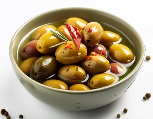 Fotografía de estudio profesional de un bol de olivas, aliñadas en aceite y especias, de fondo blanco, 4k, ultra realista.