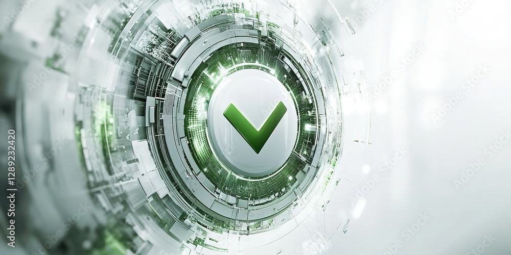 Poster futuristic digital interface displaying a green check mark symbol on a sleek background with geometr