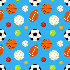 Seamless pattern with different balls for sports games.  Sports and recreational activities. football, Basketball, volleyball, American football, hockey, badbinton, cricket, baseball. For textile.