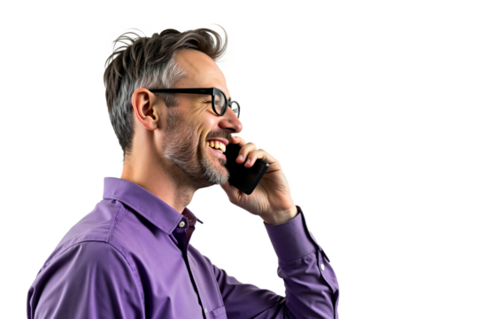 Smiling middle-aged businessman in studio portrait, talking on smartphone, isolated on white background, cut out. Professional headshot for corporate communication, online meetings.