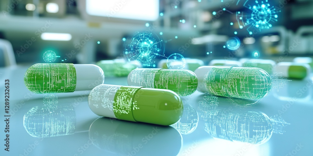 Poster capsules displayed on a laboratory table with digital effects representing health and technology adv