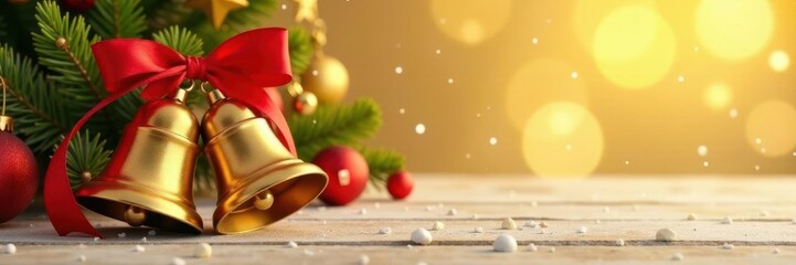 Golden Christmas bell with red ribbon on gold background in winter scene, golden, Christmas decoration
