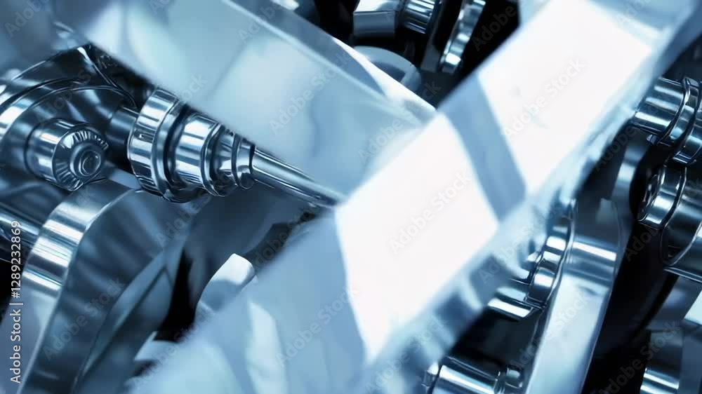 Poster Precision engineered chrome pistons and gears rotating synchronously, revealing intricate mechanical design and metallic interconnectivity within complex industrial machinery