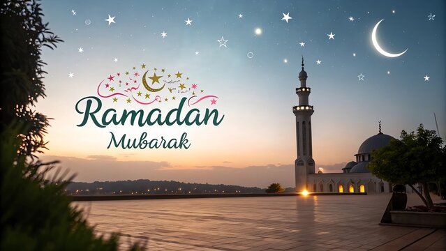 Ramadan Mubarak Greetings Decorative Festival Card with Mosque &ndash; A Peaceful, Elegant Background Celebrating the Holy Month with Warmth and Spiritual Blessing