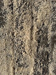 Closeup on rock salt on sidewalk applied to melt ice and snow
