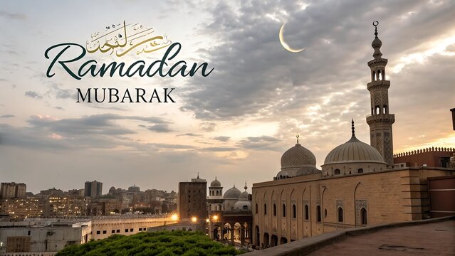 Ramadan Mubarak Greetings Decorative Festival Card with Mosque &ndash; A Peaceful, Elegant Background Celebrating the Holy Month with Warmth and Spiritual Blessings