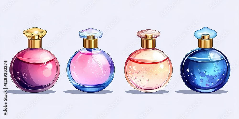 Poster collection of colorful perfume bottles displayed on a light background showcasing various shapes and