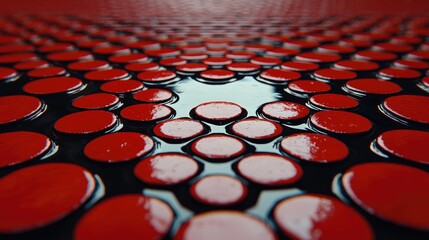 Obraz premium Red circular tiles arranged in a geometric pattern on a wet floor with water reflections.
