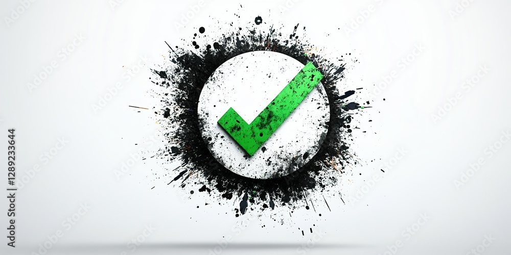 Poster green check mark design with splatter effect on a bright background highlighting success and achieve