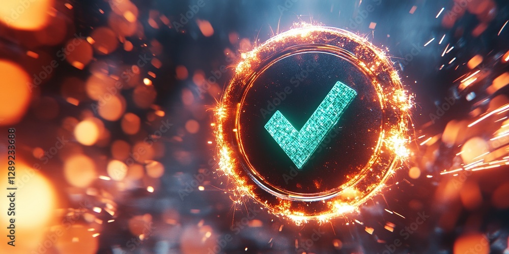 Poster green checkmark symbol surrounded by fiery sparkles representing success and achievement in a digita