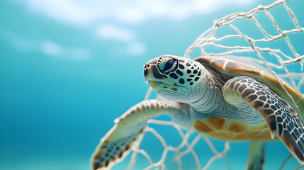 Fototapeta premium A captivating underwater scene featuring a sea turtle entangled in fishing net, showcasing the impact of pollution on marine life and the urgent need for conservation efforts.